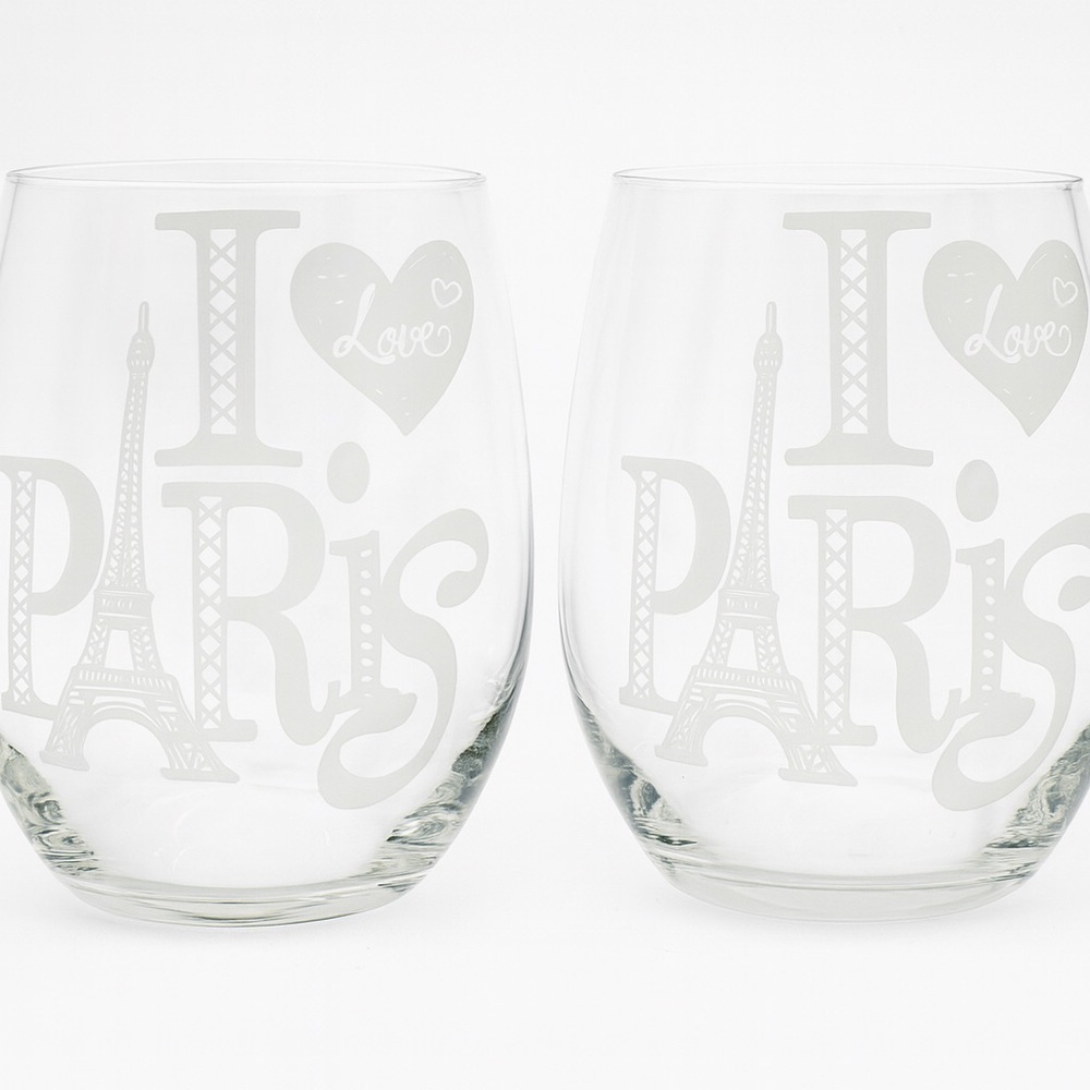 Set of 2 "I Love Paris" Stemless Wine Glasses - Handcrafted Clear Glassware